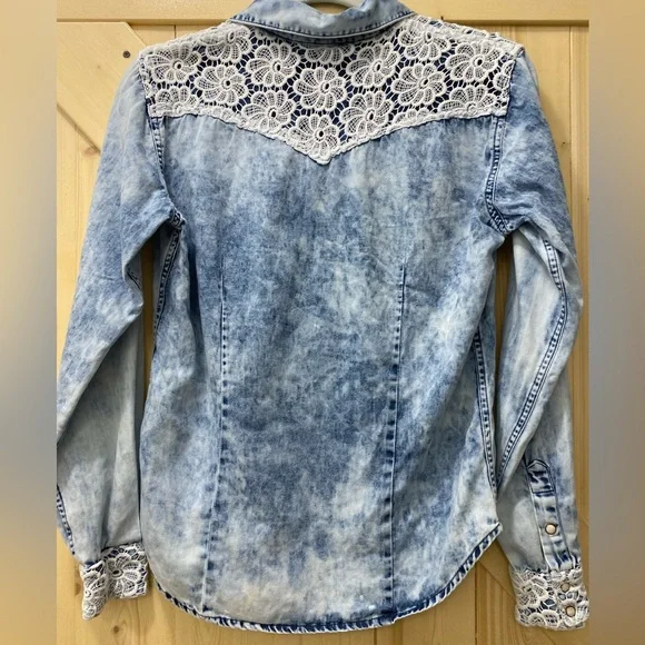❤️😍Panhandle Acid Wash Blue Tye Dye White Laced Collard Blue Jean Button Down - Picture 5 of 11